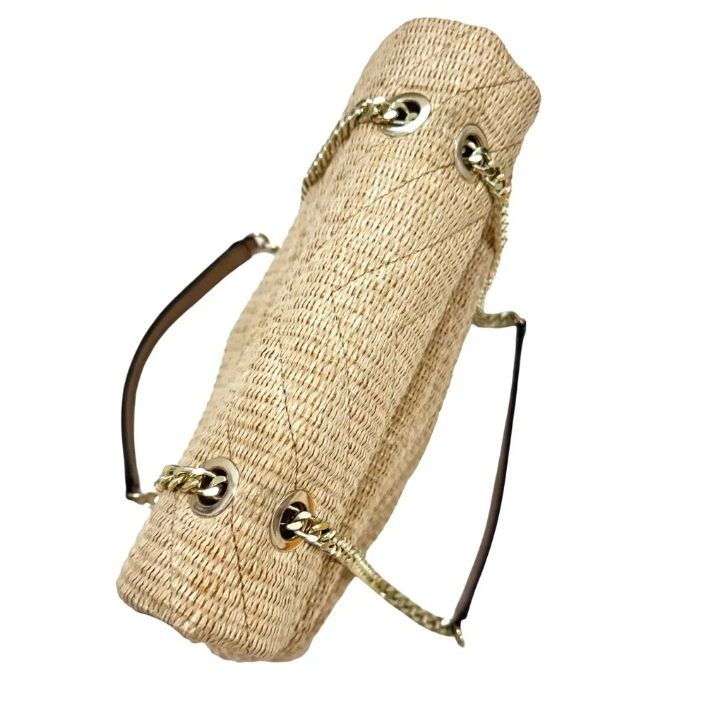 Straw Raffia Cream Tan Chevron Flap Shoulder Crossbody Bag - Picture 4 of 9